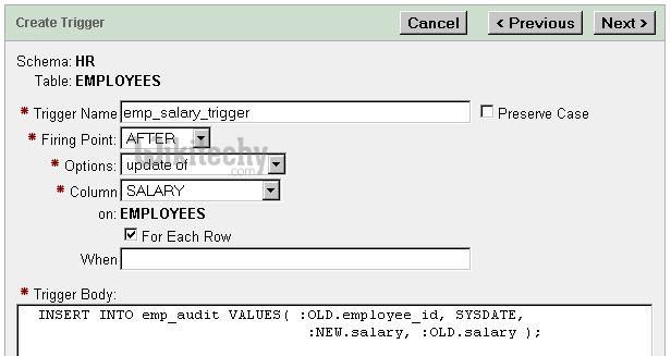 Oracle sql create trigger query